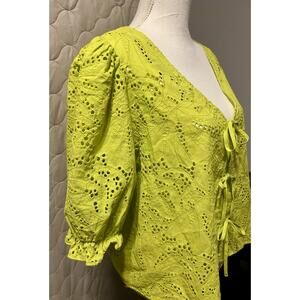 Marc New York Top Womens Large Lime Green Eyelet Chic Short Sleeve Shirt